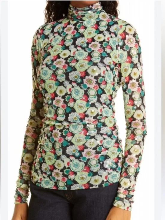 Cinq a Sept Floral Sequin Ruched Funnel Neck Mesh Top Size Medium - Picture 1 of 15